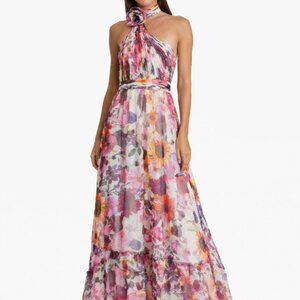 Mac Duggal Floral Halter Asymmetrical Evening Gown in Pink, Purple, Orange